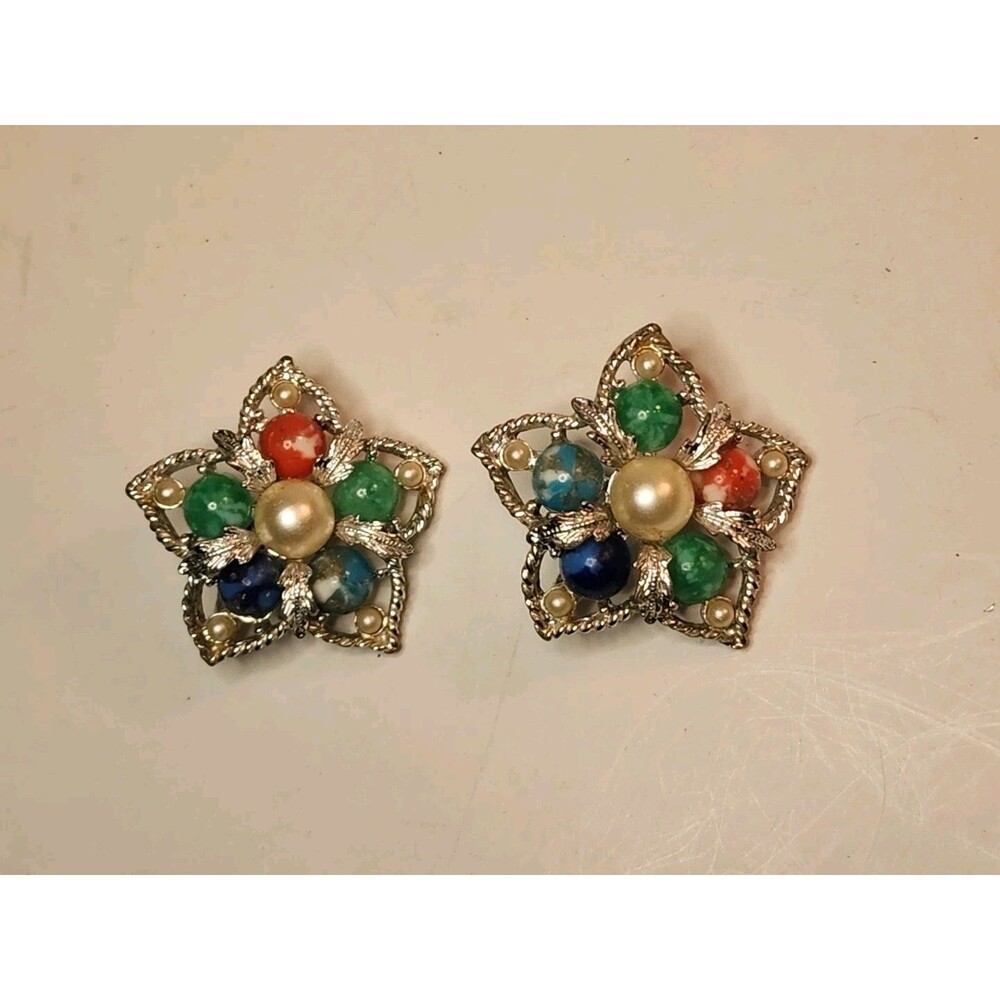 Vintage Sarah Coventry Silver Tone Fantasy Star Multicolor Clip On Earrings